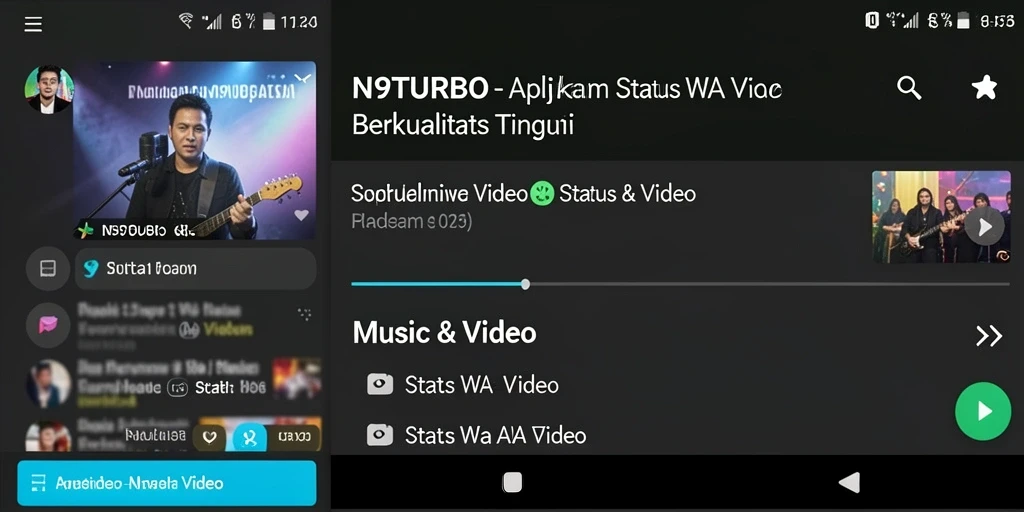 Tampilan antarmuka N9TURBO dengan koleksi Status WA Video yang beragam.