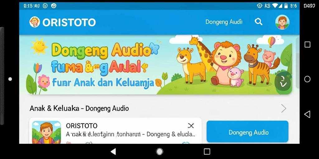 Tampilan antarmuka aplikasi ORISTOTO dengan berbagai pilihan dongeng audio.